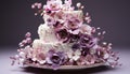Wedding cake adorned with pink flowers, a sweet celebration generated by AI Royalty Free Stock Photo