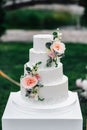 A wedding cake. Appetizing white cake four tiers on a beige table, decorated with roses, eucalyptus, on a light green background