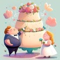 Wedding cake with bride and groom, cartoon Illustration Royalty Free Stock Photo