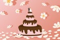 Wedding cake with bride and groom figurines on top, bread set vector illustration. Pink layers dessert with chocolate