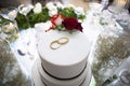 Wedding cake on the bride`s desk Royalty Free Stock Photo