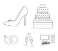 Wedding cake, bride`s shoes, champagne glasses, wedding rings. Wedding set collection icons in outline style vector