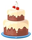 Wedding cake with cherry. Cartoon chocolate pastry Royalty Free Stock Photo