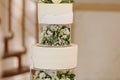 Wedding cake. Close-up photo of a beautiful white three-tiered wedding cake decorated by flowers and greenery Royalty Free Stock Photo