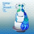 Wedding cake with couple peacocks. Blue, green vector design. Royalty Free Stock Photo