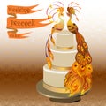 Wedding cake with couple peacocks. Golden, orange yellow design. Royalty Free Stock Photo