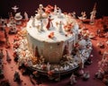 a wedding cake decorated with figurines on a red table Royalty Free Stock Photo