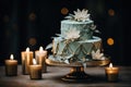 Wedding cake decorated with flowers and candles on the table. Royalty Free Stock Photo