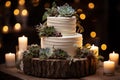 Wedding cake decorated with flowers and candles on the table. Royalty Free Stock Photo