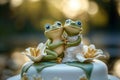 Wedding cake decorated with a funny topper featuring two embracing frogs holding hands Royalty Free Stock Photo