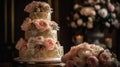 A wedding cake decorated with pink roses and glittering frosting created with Generative AI