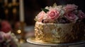 A wedding cake decorated with pink roses and glittering frosting created with Generative AI