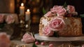 A wedding cake decorated with pink roses and glittering frosting created with Generative AI