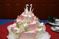 Wedding cake with decorative swans closeup Royalty Free Stock Photo