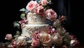 Wedding cake, dessert indulgence, decorated with pink flowers and chocolate generated by AI Royalty Free Stock Photo