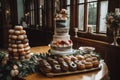 a wedding cake and donuts on a table in front of a bunch of flowers and a vase of flowers on a table in front of a window