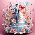wedding cake with a figure of the bride and groom. Funny dancing figurines suite at a luxury wedding white cake decorated with Royalty Free Stock Photo