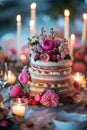 Wedding Cake With Flowers and Candles on Table Royalty Free Stock Photo