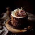 Wedding cake with flowers and honey on a dark background, sweet dessert, homemade cream pastry, generative ai Royalty Free Stock Photo