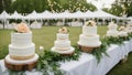 wedding cake with flowers Three white wedding cakes with different tiers and shapes on a long table. Outdoor party in fall