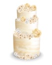 Wedding cake with flowers Vector watercolor. Vintage delicious white cake with decorations