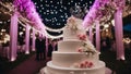 wedding cake with flowers A wedding cake at night with a beautiful party. The cake has four tiers and is decorated with white