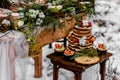 Wedding cake with fruit and an old wooden table with needles of cones and leaves during a wedding ceremony in winter on snow in