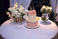 Wedding cake with glasses of champagne on the table, decorated with fresh white flowers on the background of the wedding arch Royalty Free Stock Photo