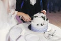 Wedding cake. gorgeous bride and stylish groom cutting stylish wedding cake with flowers at wedding reception in restaurant. Royalty Free Stock Photo