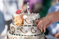 Wedding cake with hands, knife and cut slices