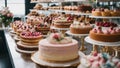 wedding cake with icing A variety of cakes with different flavors and decorations on a long table. Delicious dessert Royalty Free Stock Photo