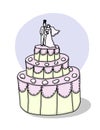 Three tier wedding cake with bride and groom figures on top illustration