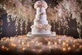 Wedding cake of a magnificent three-tiered adorned with cascading flowers and elegant lace details. AI Generated Royalty Free Stock Photo