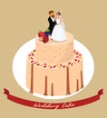 Wedding Cake with Newlyweds Vector Illustration