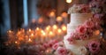 Wedding Cake With Pink Flowers and Candles Royalty Free Stock Photo