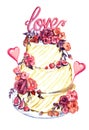 Wedding cake with pink roses, hearts and word Love on top Royalty Free Stock Photo