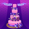 Wedding cake with purple iris flower design. Vector illustration. Royalty Free Stock Photo