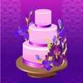 Wedding cake with purple iris flower design. Vector illustration. Royalty Free Stock Photo