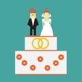 Wedding cake with rings and toppers bride and groom vector greeting card Royalty Free Stock Photo