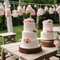 wedding cake with roses Three tiered wedding cake with white frosting and pink flowers on a wooden table. Outdoor party Royalty Free Stock Photo