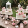 wedding cake with roses tiered wedding cakes with white frosting and pink flowers on a wooden table. Outdoor party Royalty Free Stock Photo