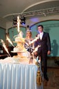 Wedding cake with sparklers and newlyweds Royalty Free Stock Photo