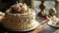 a wedding cake that is on a table by a window Royalty Free Stock Photo