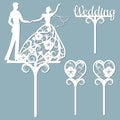 Wedding cake topper for laser or milling cut. Vector graphics. Patterns for cutting. Dance, flowers, dress