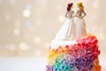 Wedding cake topper with two brides, figurines of a lesbian couple. Gay marriage concept. Lesbian couple wedding day, same-sex gay Royalty Free Stock Photo