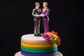 Wedding cake topper with two grooms, figurines of a gay couple. Gay marriage concept. Same-sex gay marriage, wedding sweets and