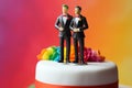 Wedding cake topper with two grooms, figurines of a gay couple. Gay marriage concept. Same-sex gay marriage, wedding sweets and