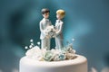 Wedding cake topper with two grooms in tuxedos. Gay marriage concept. Generative AI Royalty Free Stock Photo