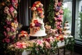 wedding cake tower with cascading florals and greenery