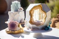 Sophisticated Geode Wedding Cake with Black and Gold Accents and Delicate Sugar Flowers - ai generated